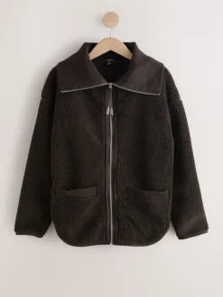 Chocolate Brown Borg Zip Through Fleece With Rib Collar