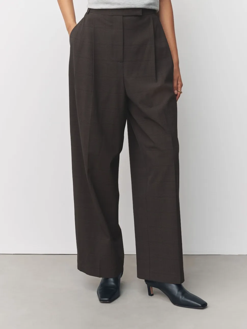 Chocolate Brown Check Double Pleat Straight Leg Trousers