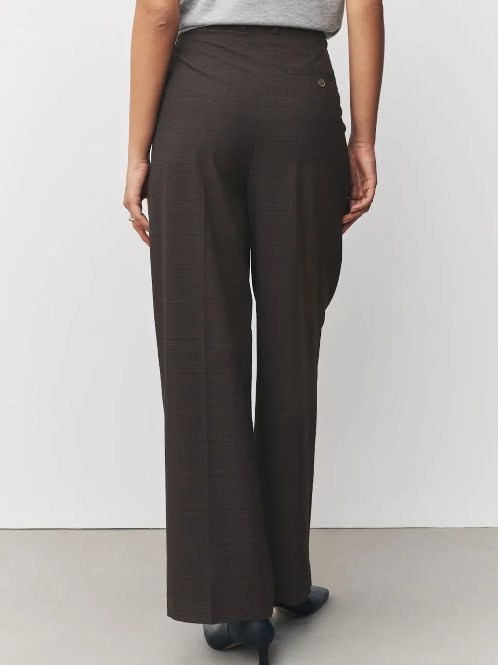 Chocolate Brown Check Double Pleat Straight Leg Trousers