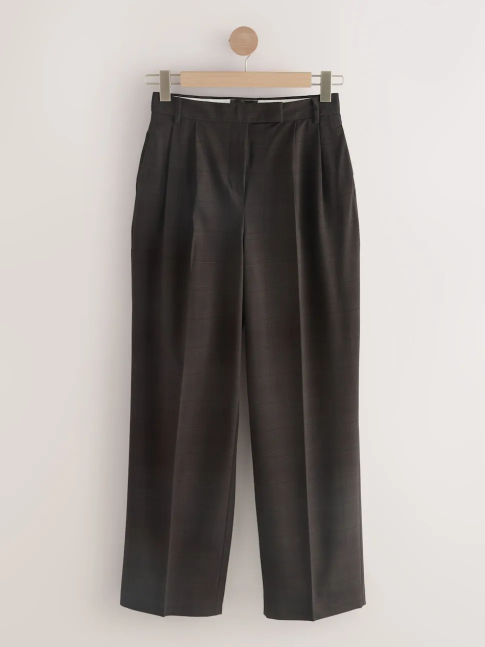 Chocolate Brown Check Double Pleat Straight Leg Trousers