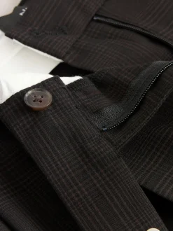 Chocolate Brown Check Double Pleat Straight Leg Trousers