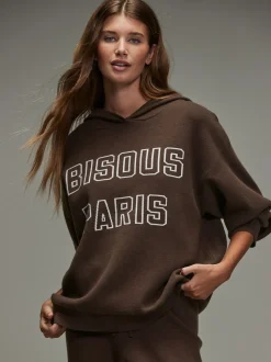 Chocolate Brown Compact Cosy Graphic Long Sleeve Hoodie