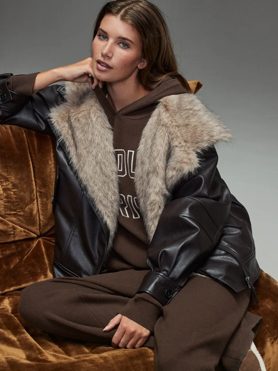 Chocolate Brown Compact Cosy Graphic Long Sleeve Hoodie