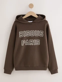 Chocolate Brown Compact Cosy Graphic Long Sleeve Hoodie