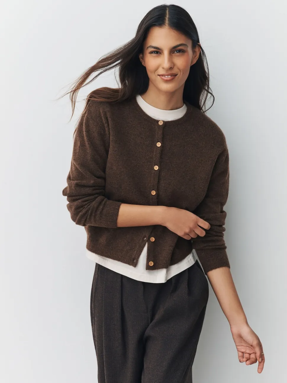 Chocolate Brown Crew Neck Knitted Cardigan With Wool