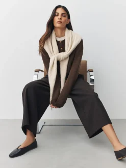 Chocolate Brown Crew Neck Knitted Cardigan With Wool