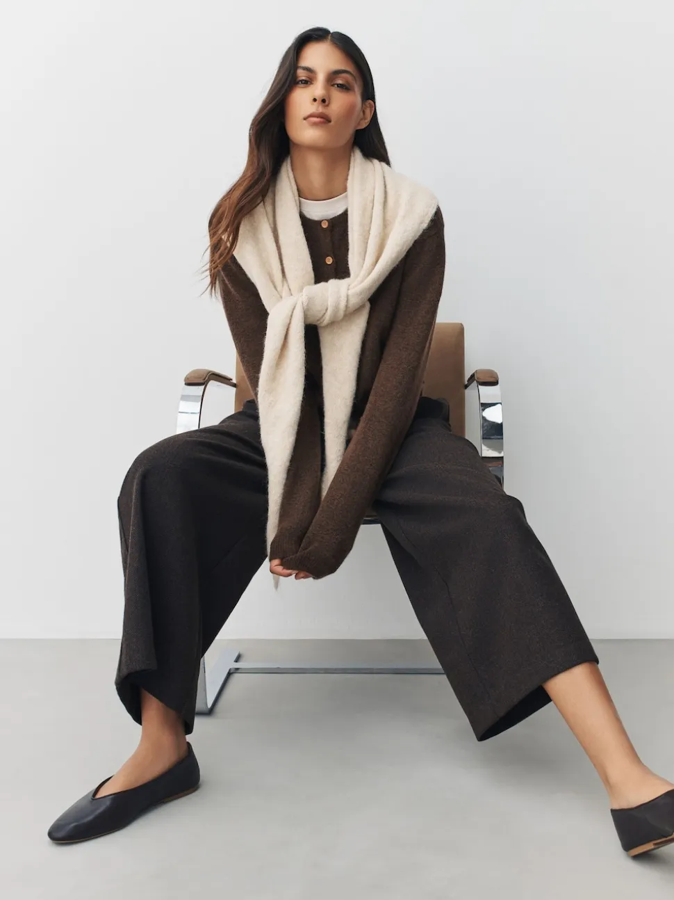 Chocolate Brown Crew Neck Knitted Cardigan With Wool