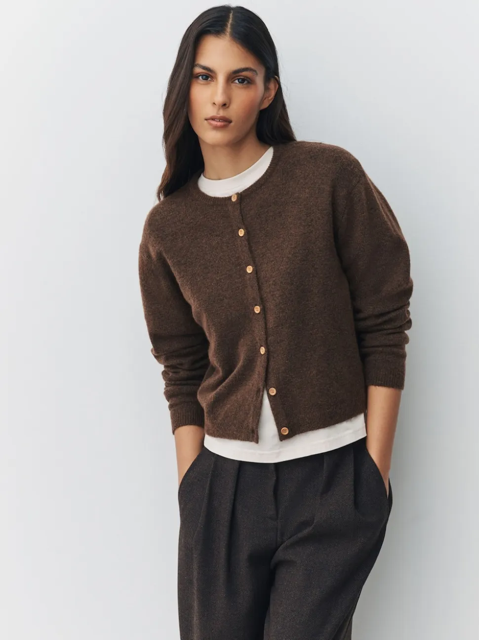 Chocolate Brown Crew Neck Knitted Cardigan With Wool