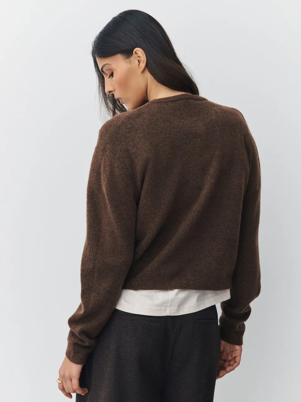 Chocolate Brown Crew Neck Knitted Cardigan With Wool
