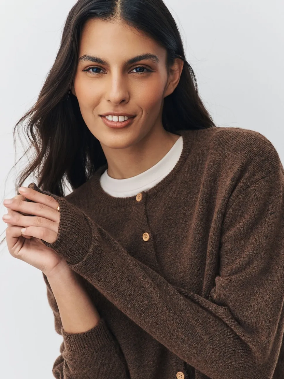 Chocolate Brown Crew Neck Knitted Cardigan With Wool