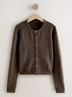 Chocolate Brown Crew Neck Knitted Cardigan With Wool