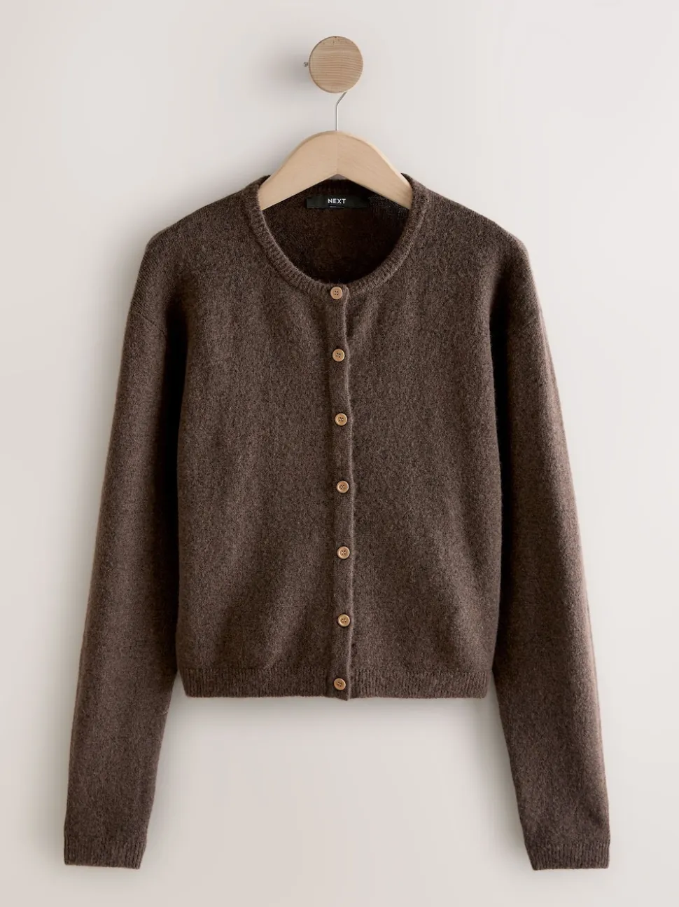 Chocolate Brown Crew Neck Knitted Cardigan With Wool