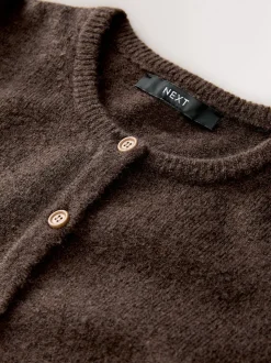 Chocolate Brown Crew Neck Knitted Cardigan With Wool