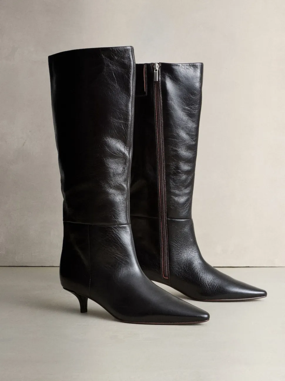 Chocolate Brown Crinkle Effect Leather Signature Underset Heel Knee High Boots