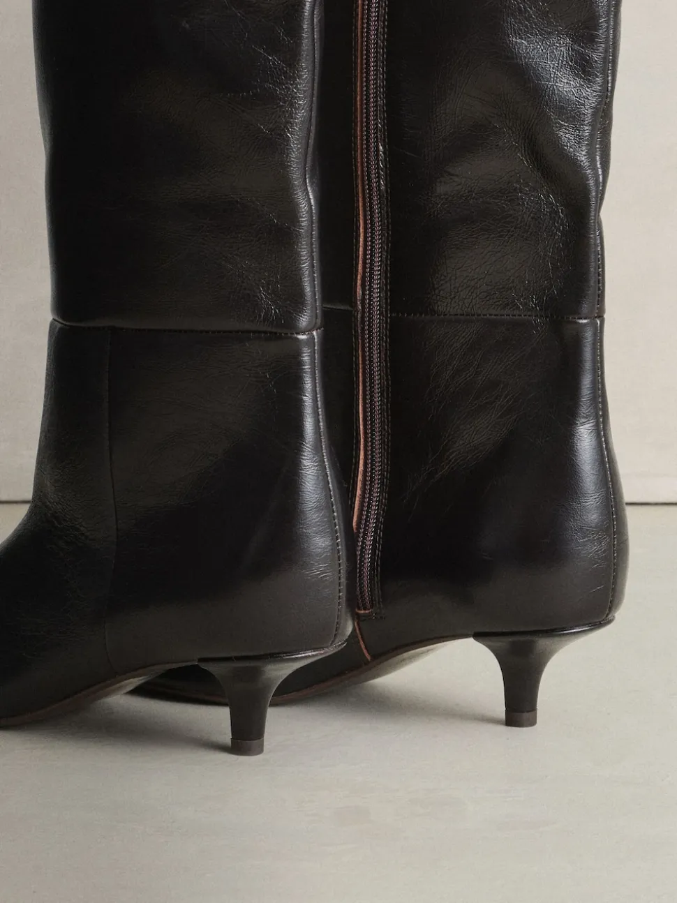 Chocolate Brown Crinkle Effect Leather Signature Underset Heel Knee High Boots