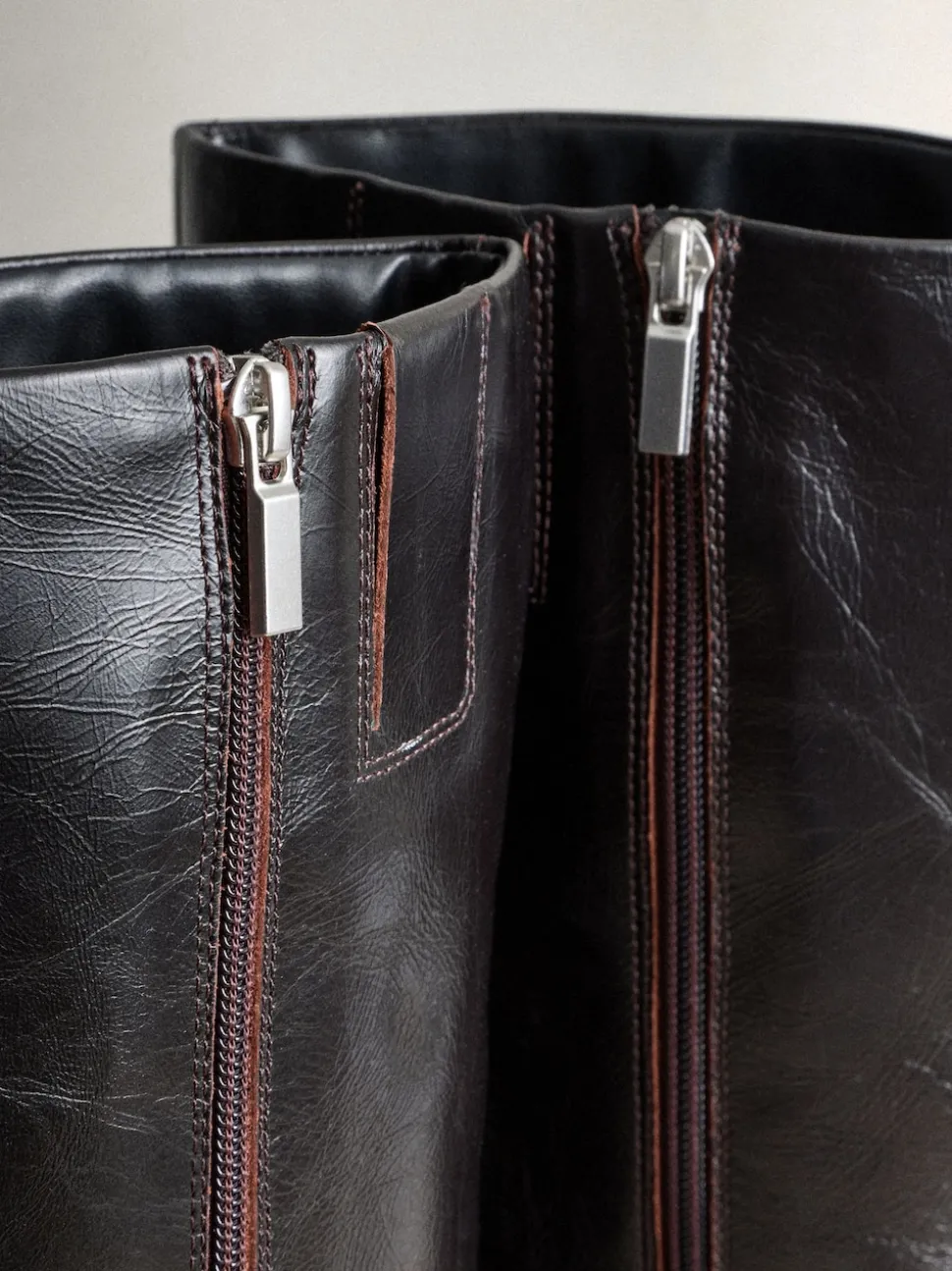 Chocolate Brown Crinkle Effect Leather Signature Underset Heel Knee High Boots