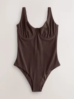 Chocolate Brown Crinkle Tummy Control DD+ Wired Swimsuit