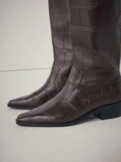 Chocolate Brown Croc Embossed Forever Comfort® Chisel Toe Knee High Boots