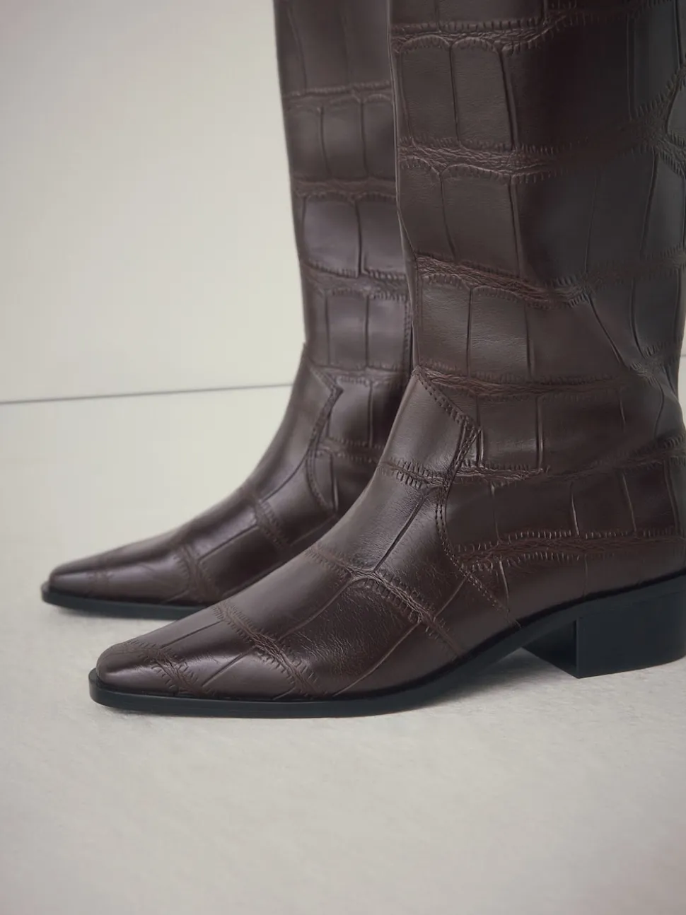 Chocolate Brown Croc Embossed Forever Comfort® Chisel Toe Knee High Boots