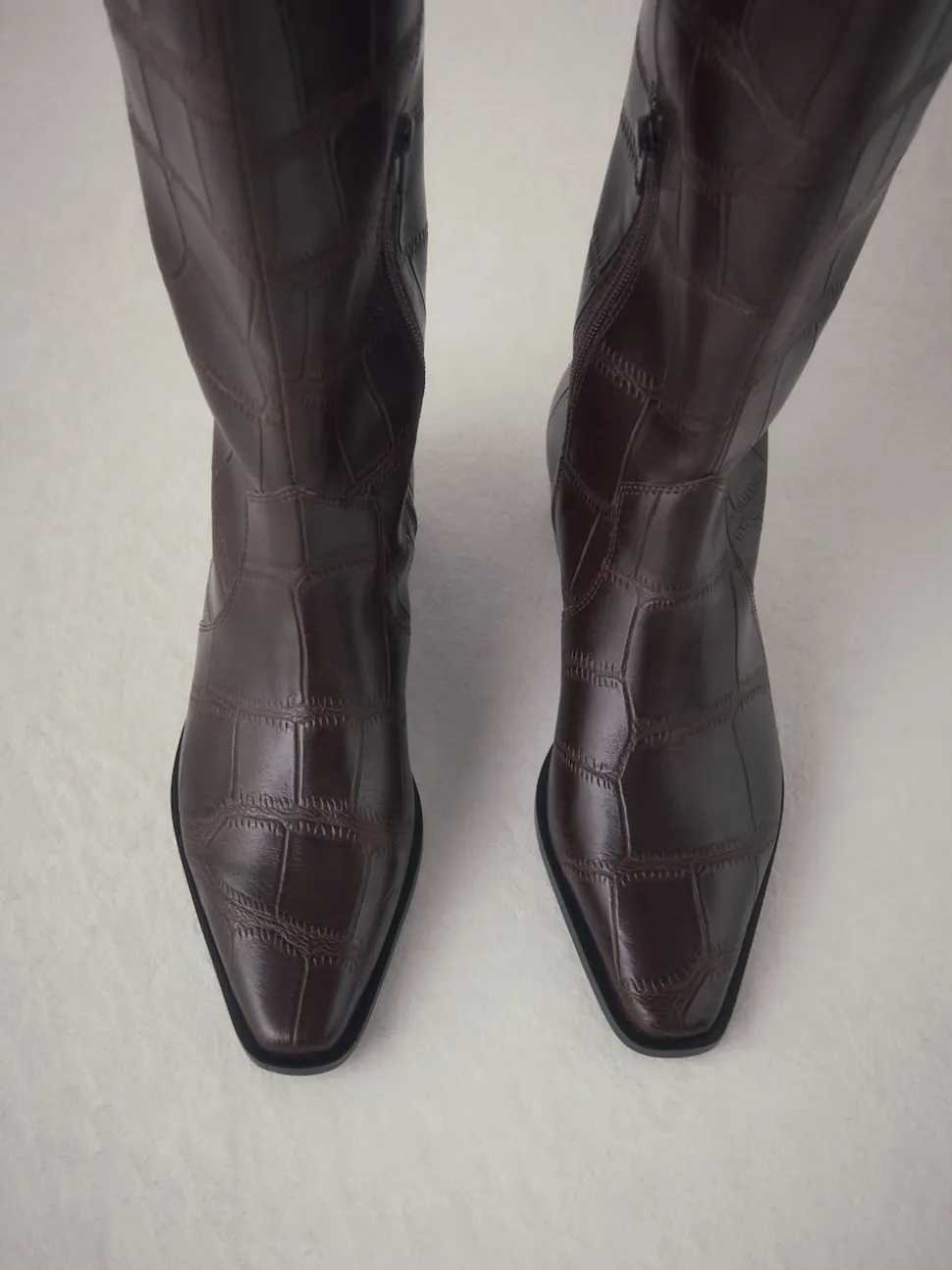Chocolate Brown Croc Embossed Forever Comfort® Chisel Toe Knee High Boots