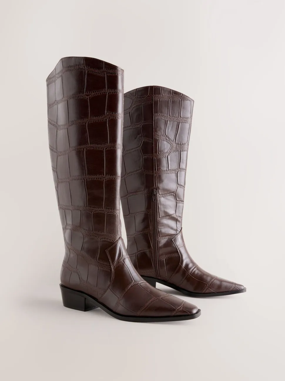 Chocolate Brown Croc Embossed Forever Comfort® Chisel Toe Knee High Boots