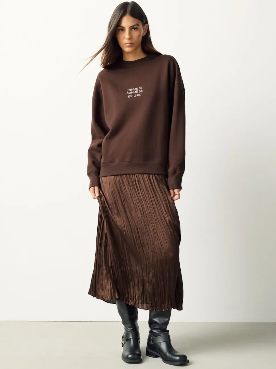 Chocolate Brown Embroidery 2-In-1 Sweatshirt With Satin Midi Skirt