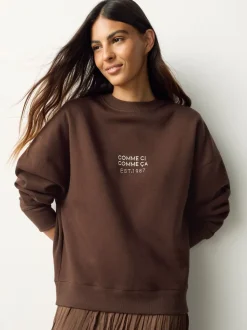 Chocolate Brown Embroidery 2-In-1 Sweatshirt With Satin Midi Skirt