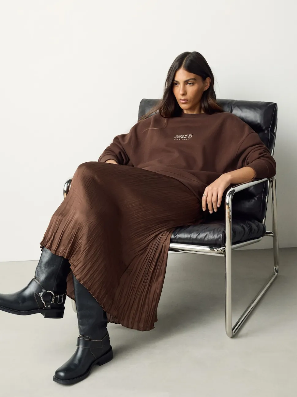Chocolate Brown Embroidery 2-In-1 Sweatshirt With Satin Midi Skirt