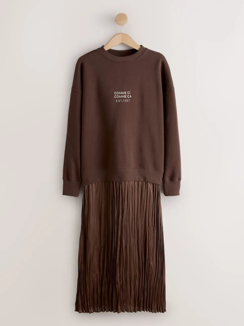 Chocolate Brown Embroidery 2-In-1 Sweatshirt With Satin Midi Skirt