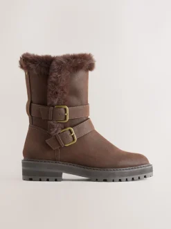 Chocolate Brown Extra Wide Fit Forever Comfort® Double Buckle Faux Fur Lined Ankle Boots