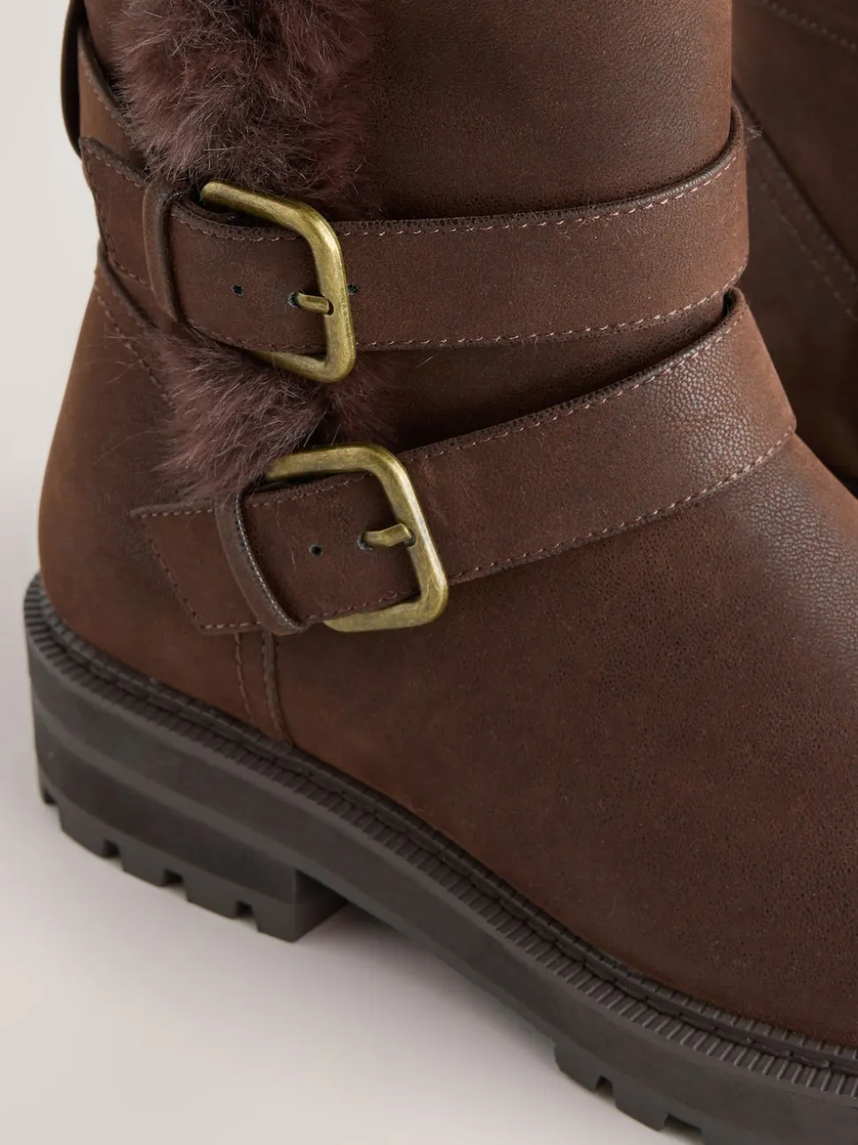 Chocolate Brown Extra Wide Fit Forever Comfort® Double Buckle Faux Fur Lined Ankle Boots