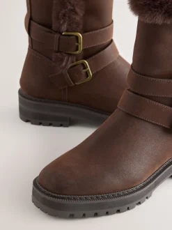Chocolate Brown Extra Wide Fit Forever Comfort® Double Buckle Faux Fur Lined Ankle Boots