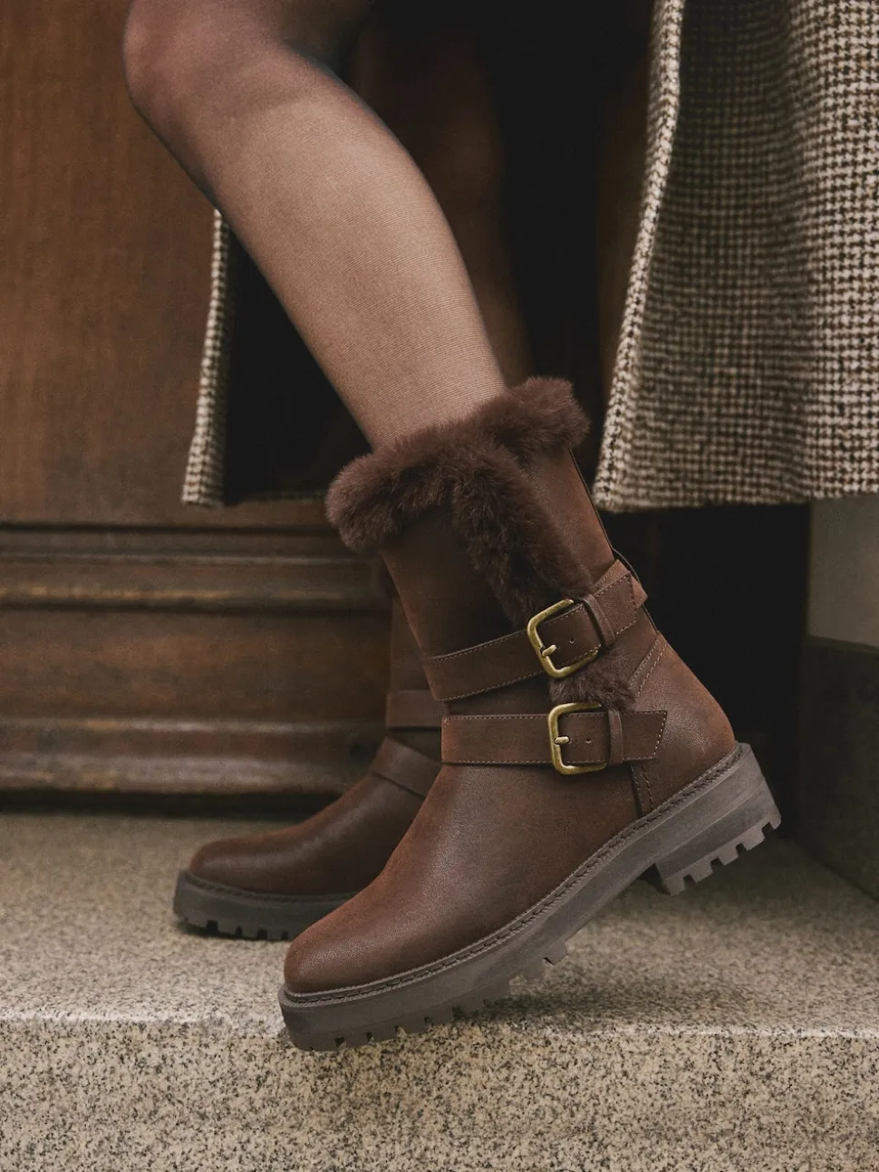 Chocolate Brown Extra Wide Fit Forever Comfort® Double Buckle Faux Fur Lined Ankle Boots