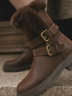 Chocolate Brown Extra Wide Fit Forever Comfort® Double Buckle Faux Fur Lined Ankle Boots