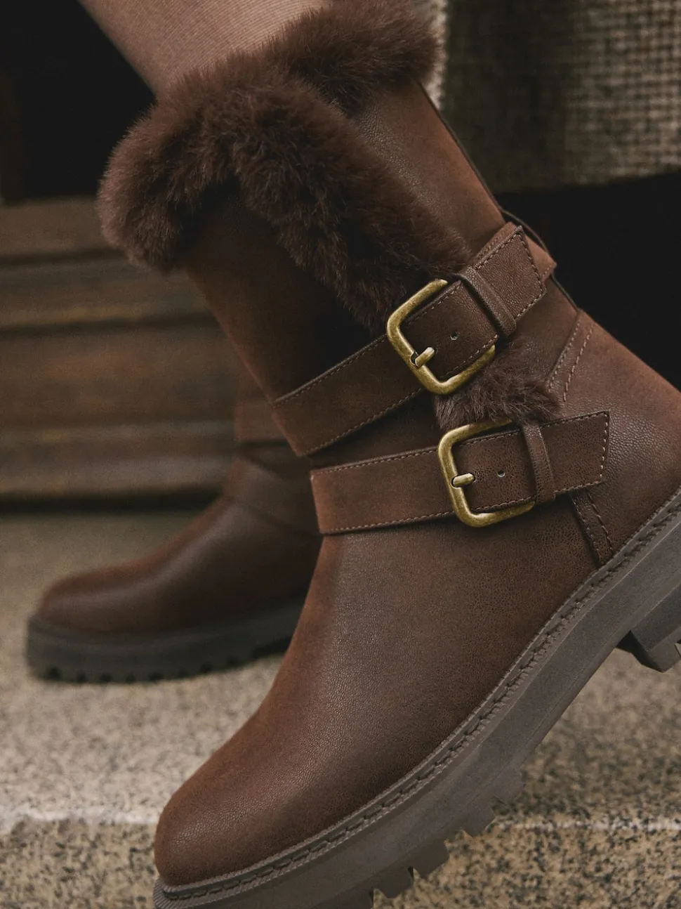 Chocolate Brown Extra Wide Fit Forever Comfort® Double Buckle Faux Fur Lined Ankle Boots