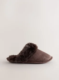 Chocolate Brown Faux Fur Suede Mule Slippers