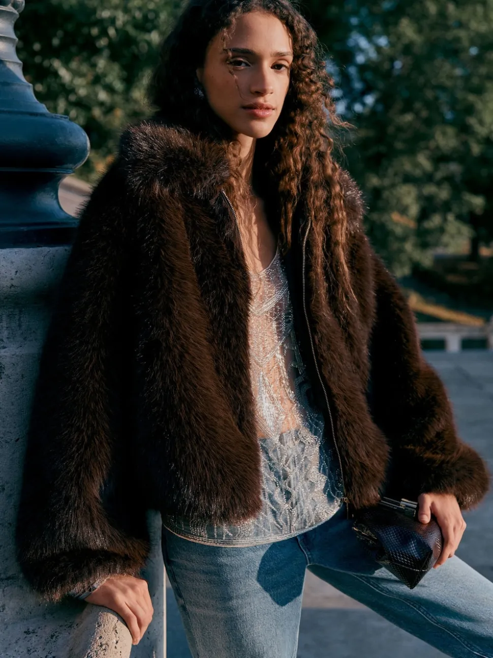 Chocolate Brown Faux Fur Zip Through Jacket