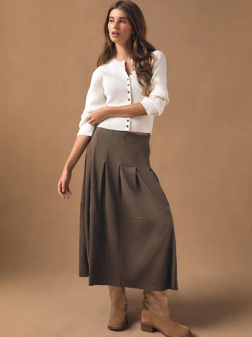 Chocolate Brown Faux Suede Midi Kilt Skirt