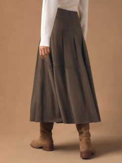 Chocolate Brown Faux Suede Midi Kilt Skirt