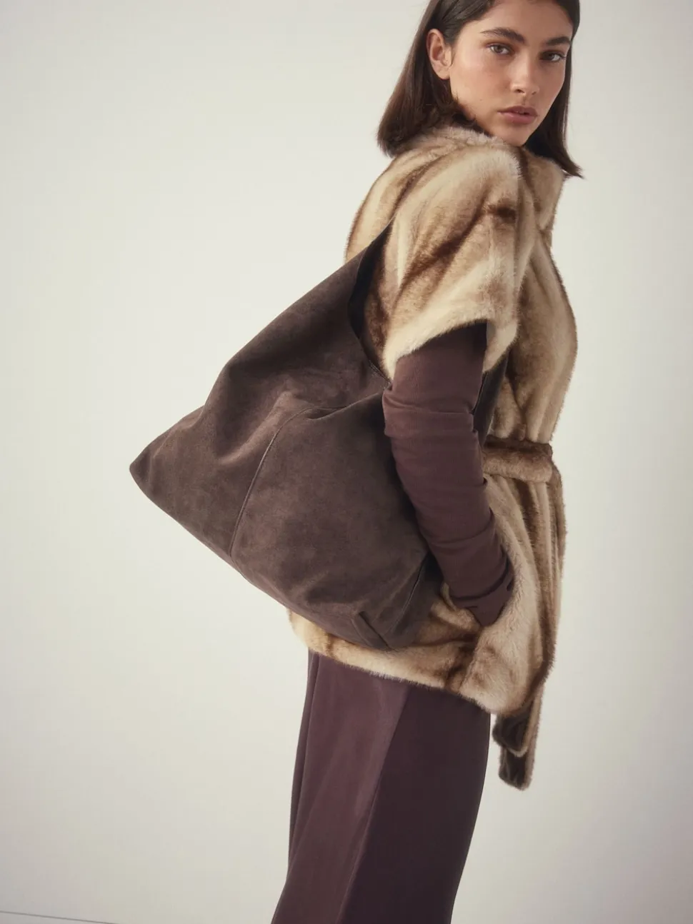 Chocolate Brown Faux Suede Slouchy Shoulder Bag