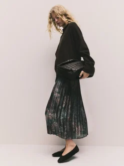 Chocolate Brown Floral 2-In-1 Knitted Jumper with Pleated Midi Skirt