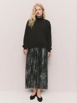 Chocolate Brown Floral 2-In-1 Knitted Jumper with Pleated Midi Skirt