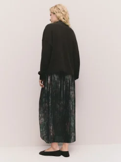 Chocolate Brown Floral 2-In-1 Knitted Jumper with Pleated Midi Skirt