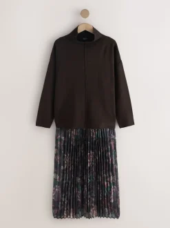 Chocolate Brown Floral 2-In-1 Knitted Jumper with Pleated Midi Skirt