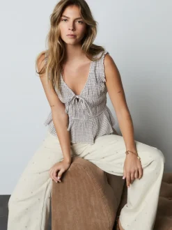 Chocolate Brown Gingham Shirred Tie Front Sleeveless Top