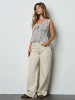 Chocolate Brown Gingham Shirred Tie Front Sleeveless Top
