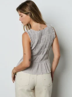 Chocolate Brown Gingham Shirred Tie Front Sleeveless Top