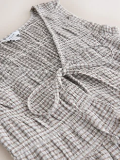 Chocolate Brown Gingham Shirred Tie Front Sleeveless Top