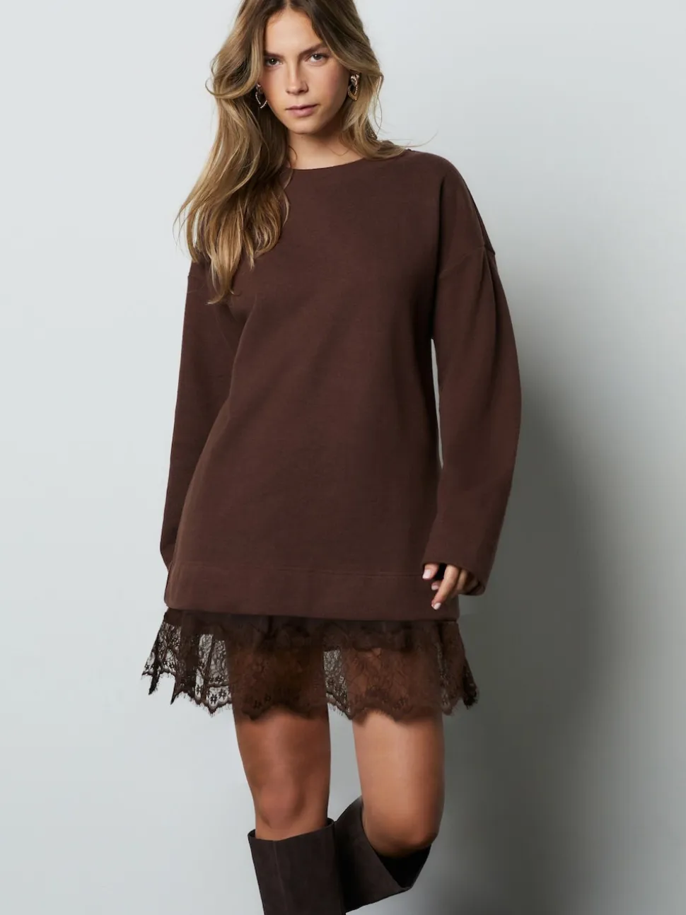 Chocolate Brown 2-In-1 Soft Touch Jumper Lace Skirt