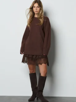Chocolate Brown 2-In-1 Soft Touch Jumper Lace Skirt